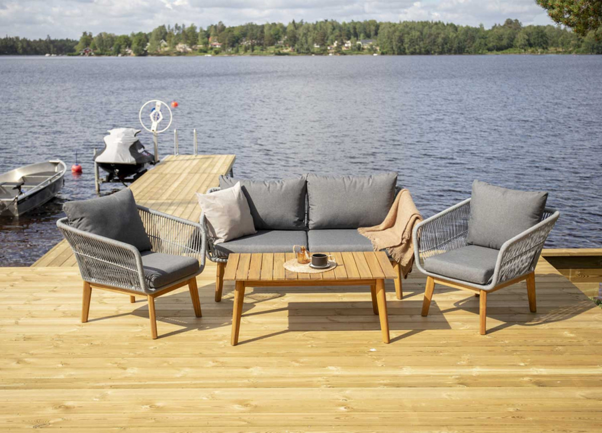 Banquette fauteuil et table de jardin gris et bois