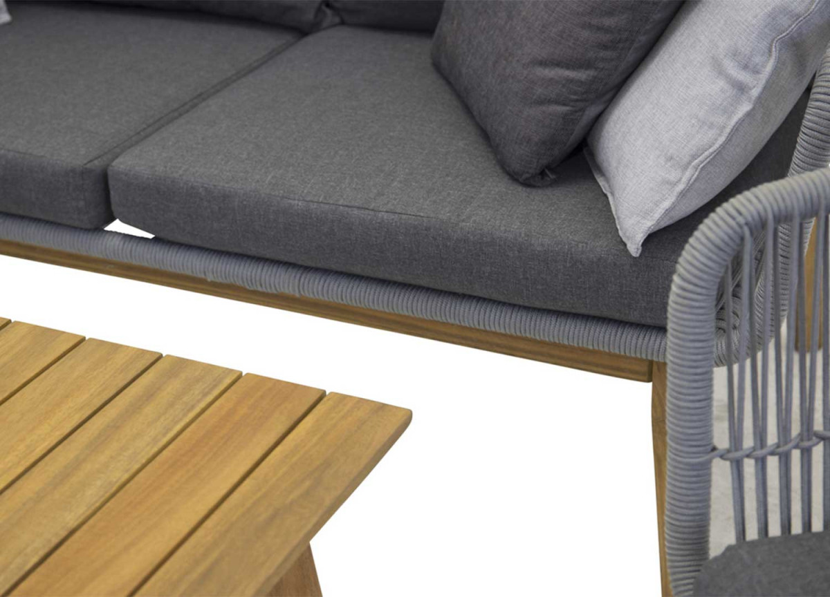Banquette fauteuil et table de jardin gris et bois