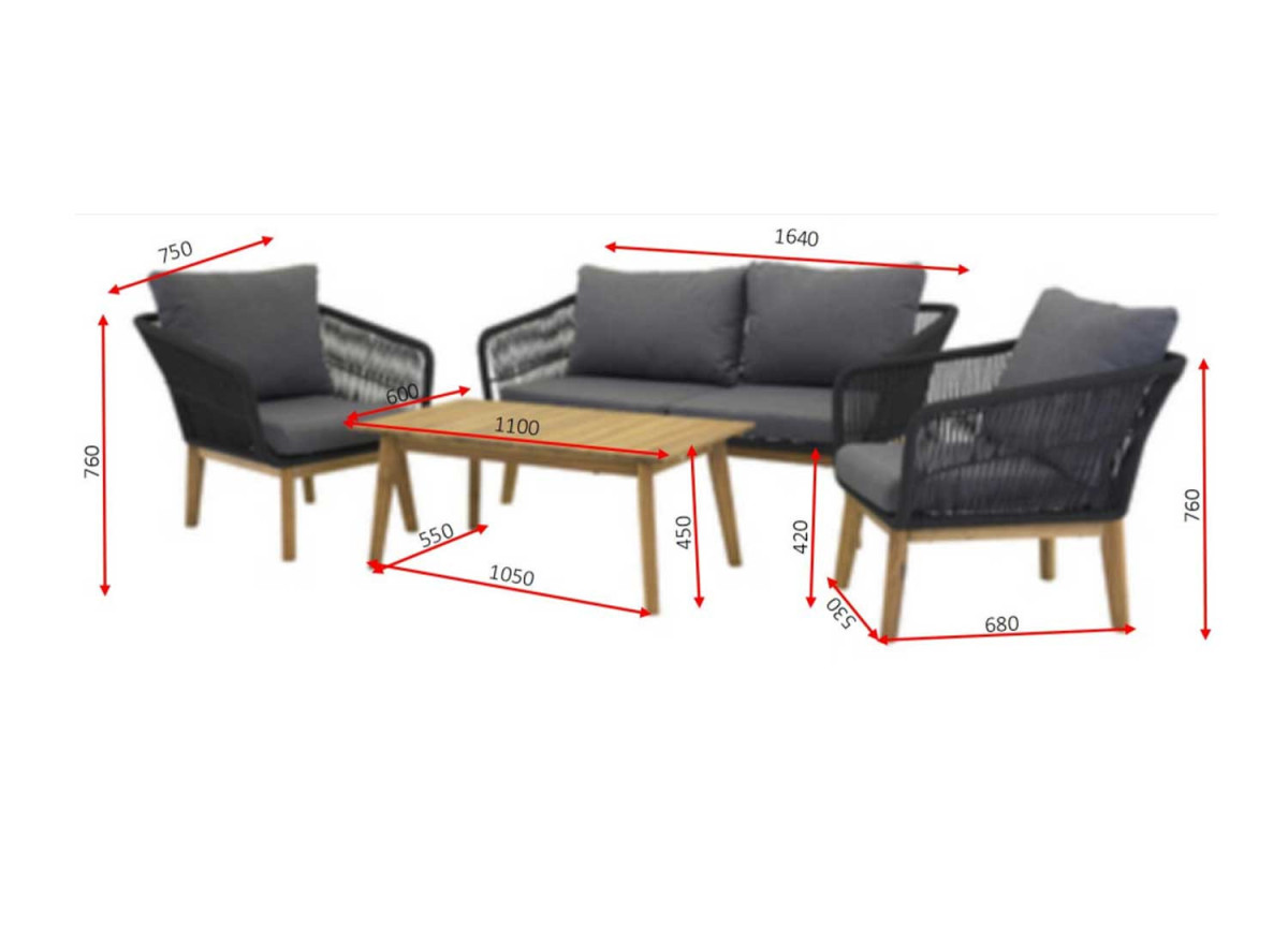 Banquette fauteuil et table de jardin gris et bois