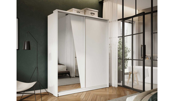 Armoire 2 portes coulissantes blanche avec miroir asymétrique