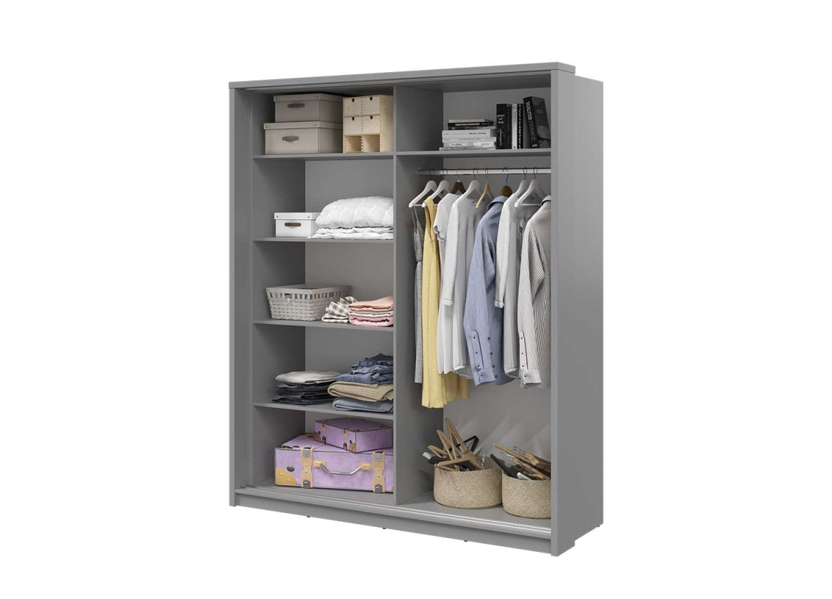 Armoire 2 portes coulissantes grise avec miroir asymétrique