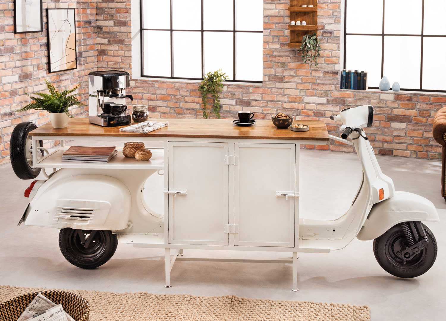 Bar scooter vintage blanc et bois 250 cm pour salle à manger