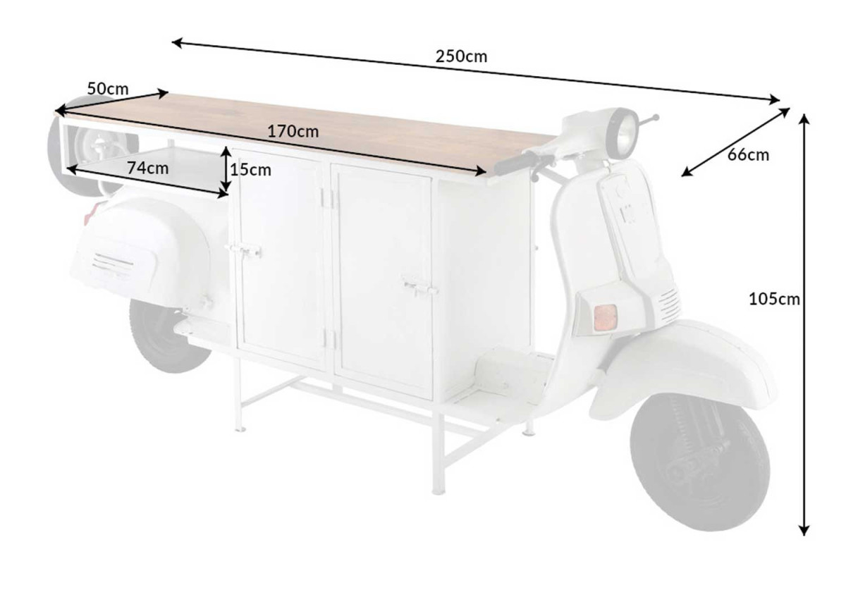 Scooter Bar Vintage Manguier et Métal Blanc 2m50