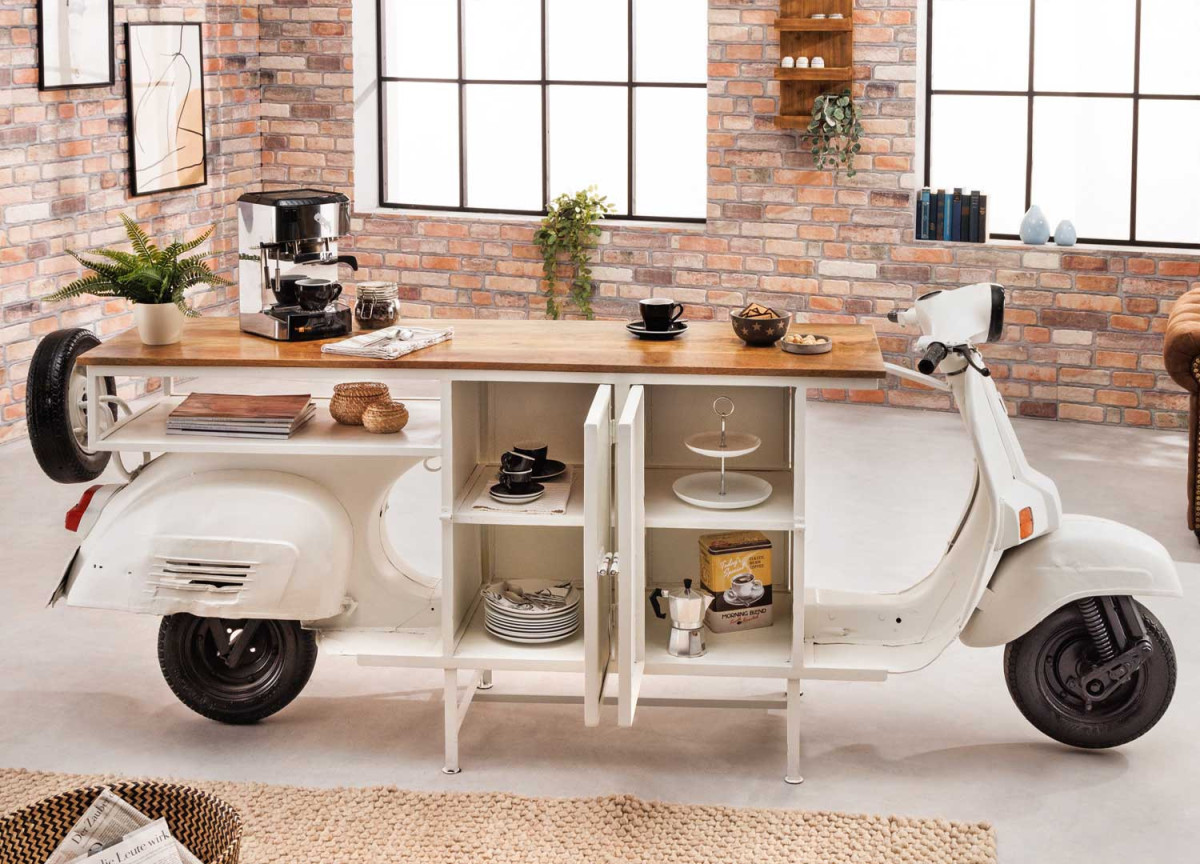 Bar scooter vintage blanc et bois 250 cm rétro