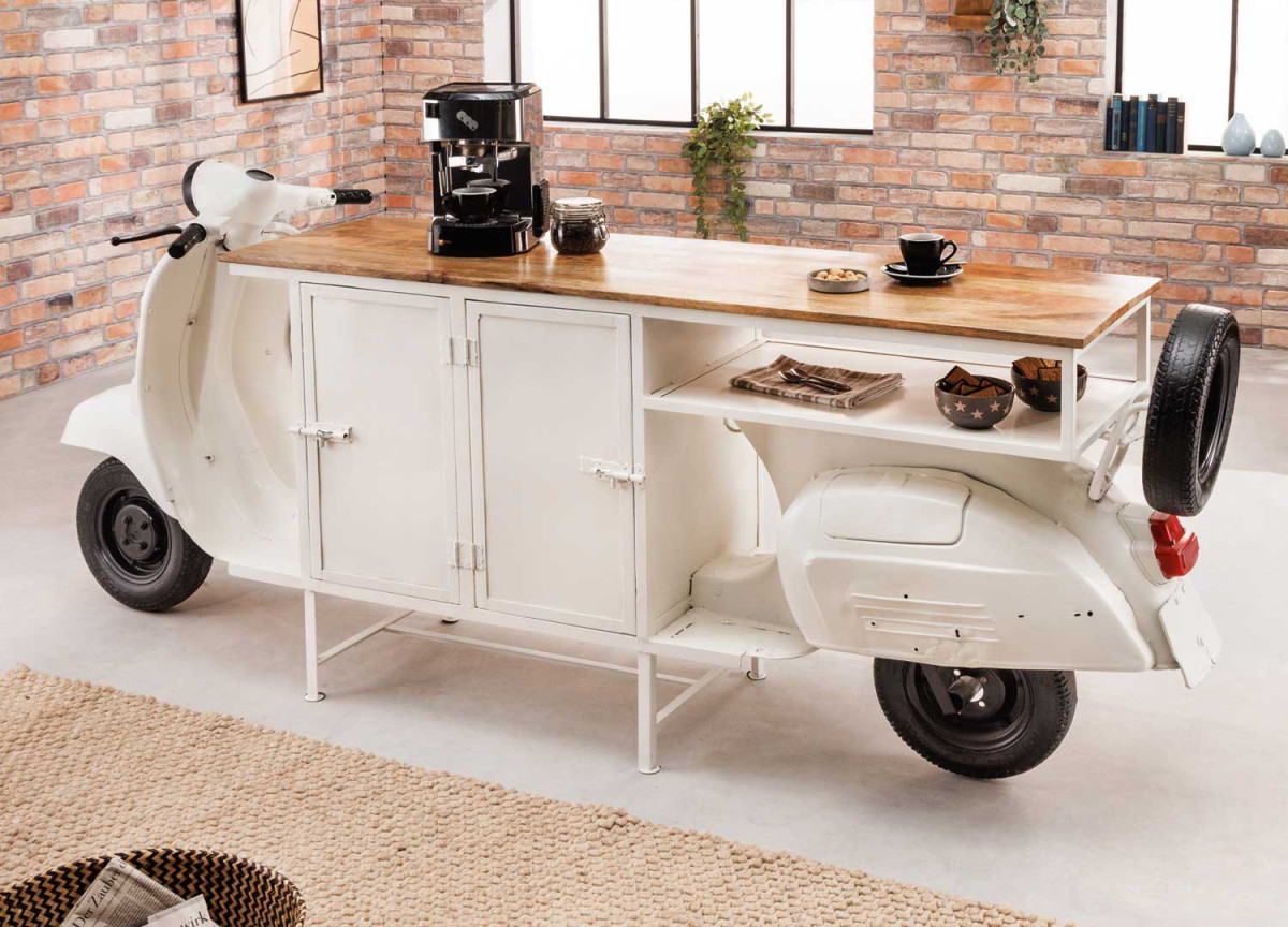 Bar scooter acier blanc et plateau en bois
