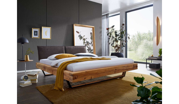 Lit en bois massif avec tête de lit rembourrée