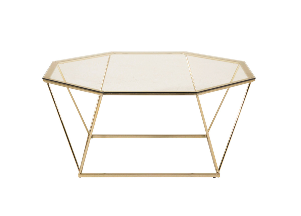 Table basse octogonale verre et doré forme design