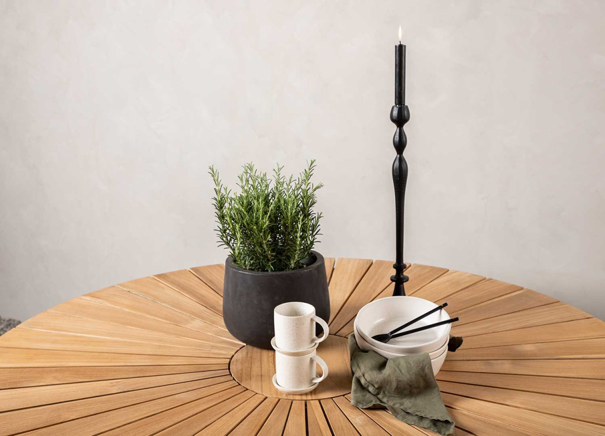 Table de Jardin Moderne Ronde Blanche et Bois 140 cm