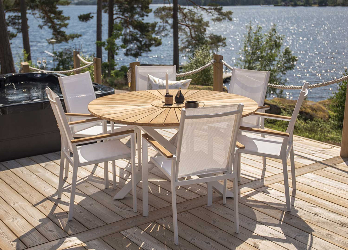 Table de jardin moderne blanche et bois plateau rond