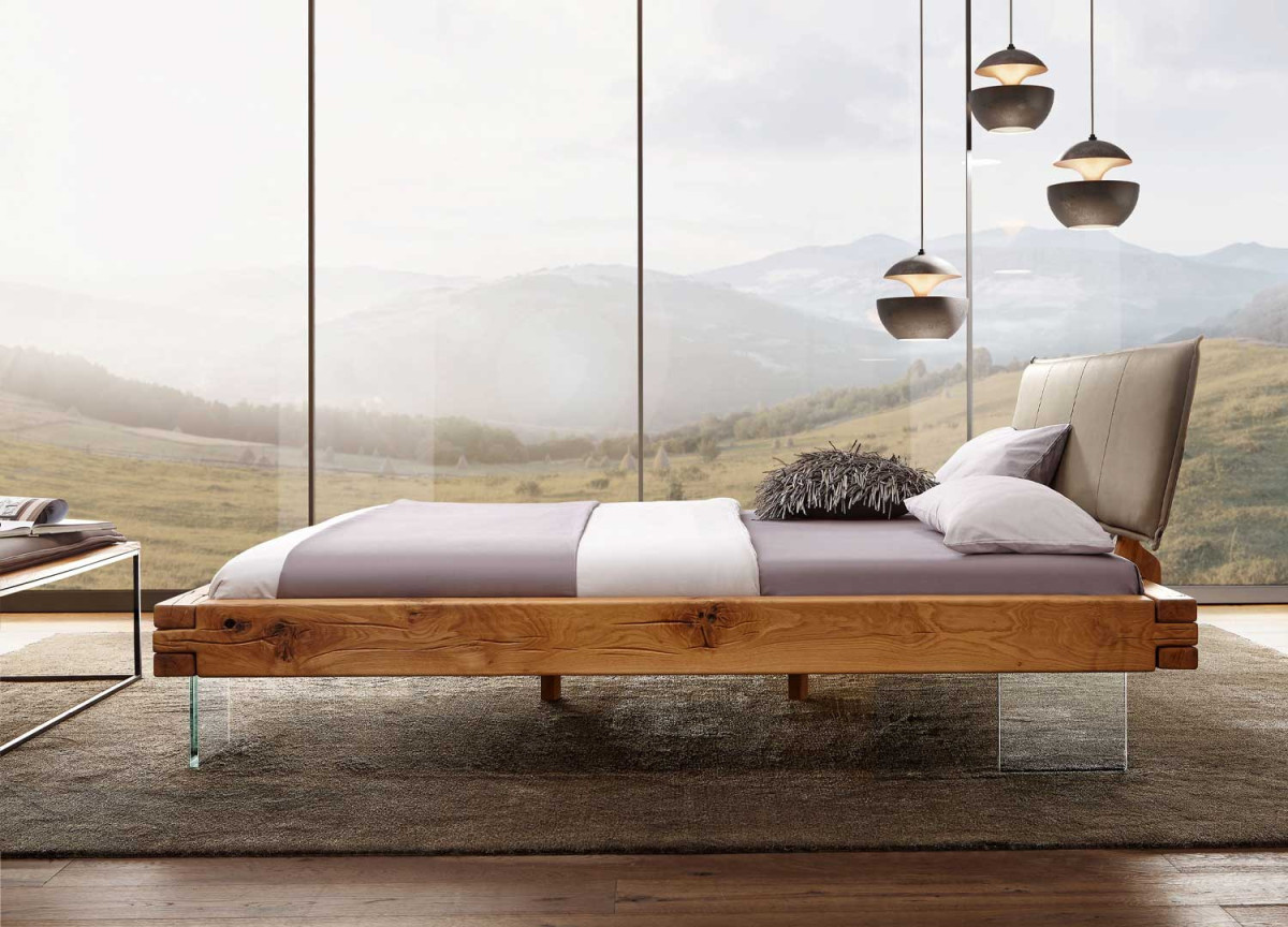 Lit moderne pour adulte chêne verre et tissu