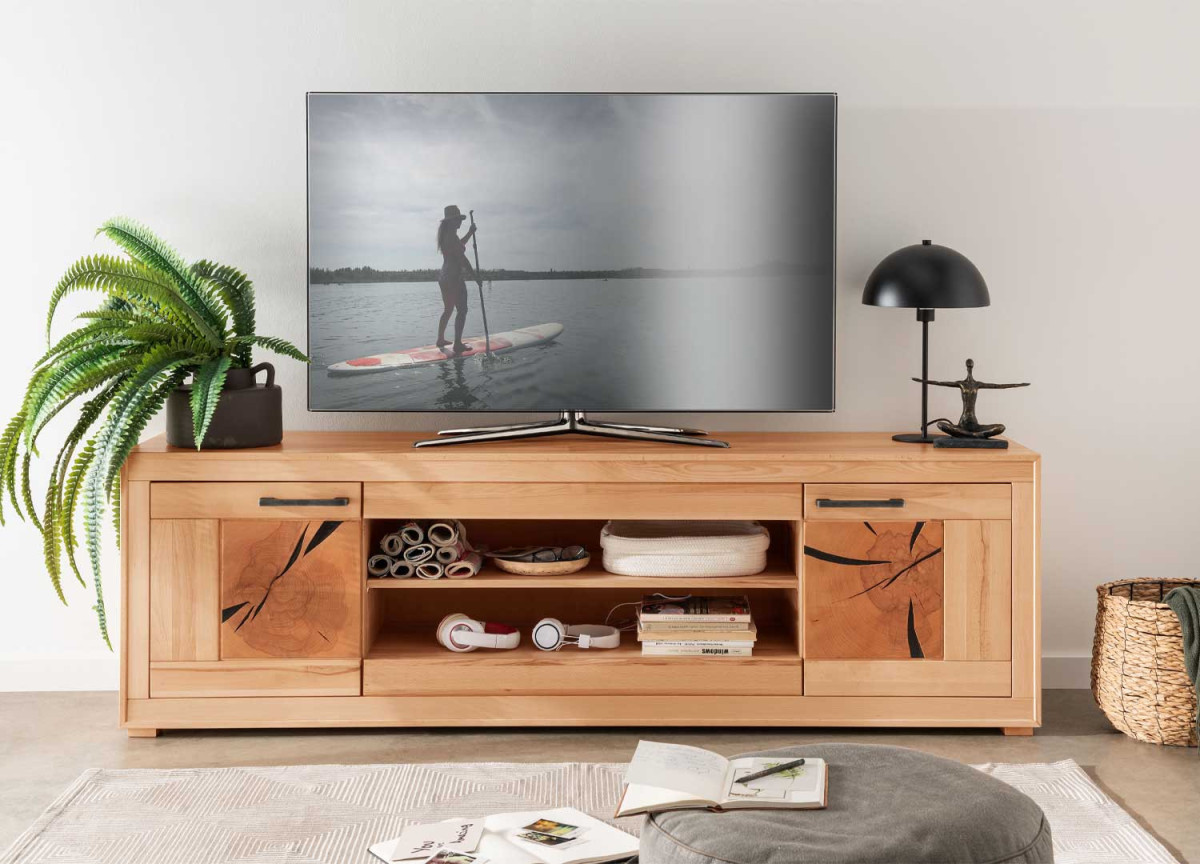 Meuble TV 200 cm bois massif et métal noir