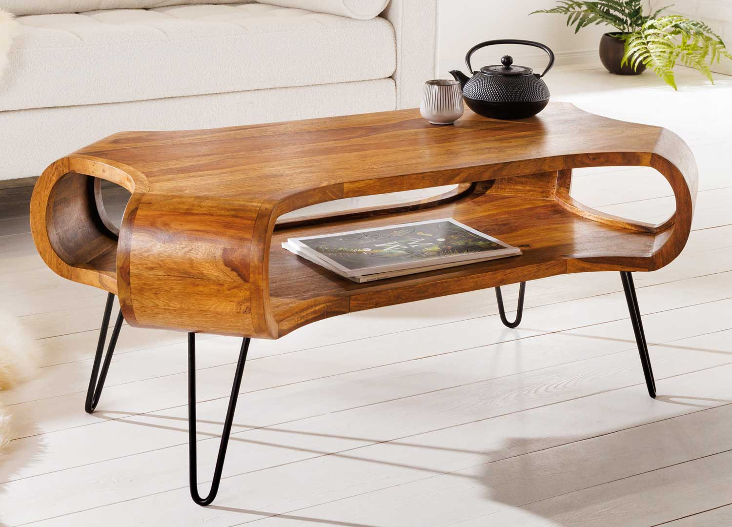 Petite table basse pieds en épingle et bois massif pour salon