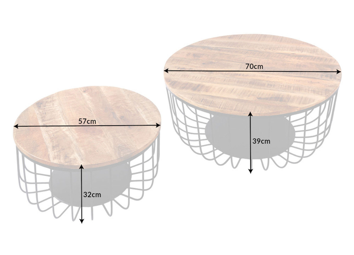 Tables basses industrielles rondes en bois de manguier et métal noir