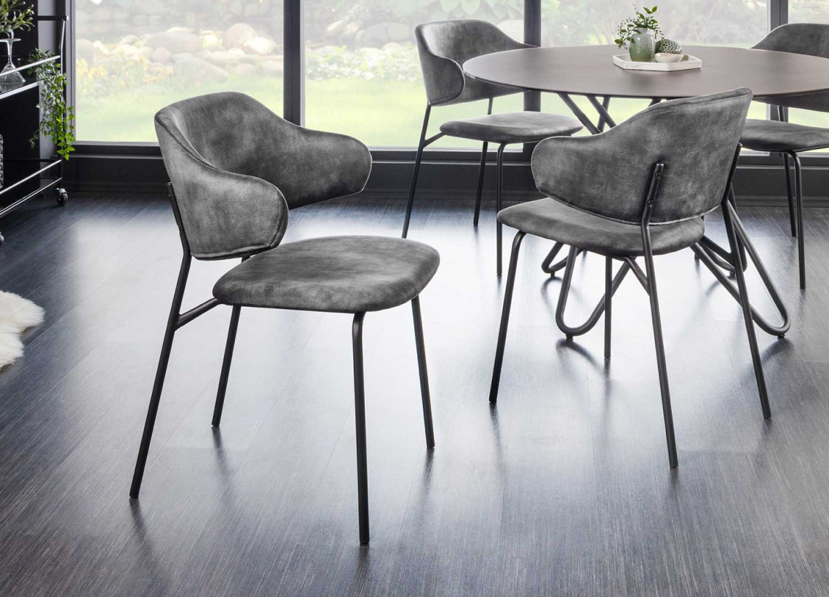 Chaises velours gris foncé et métal noir