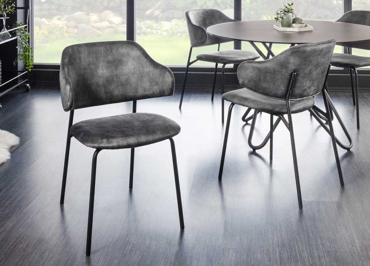 Chaises velours gris foncé et métal noir
