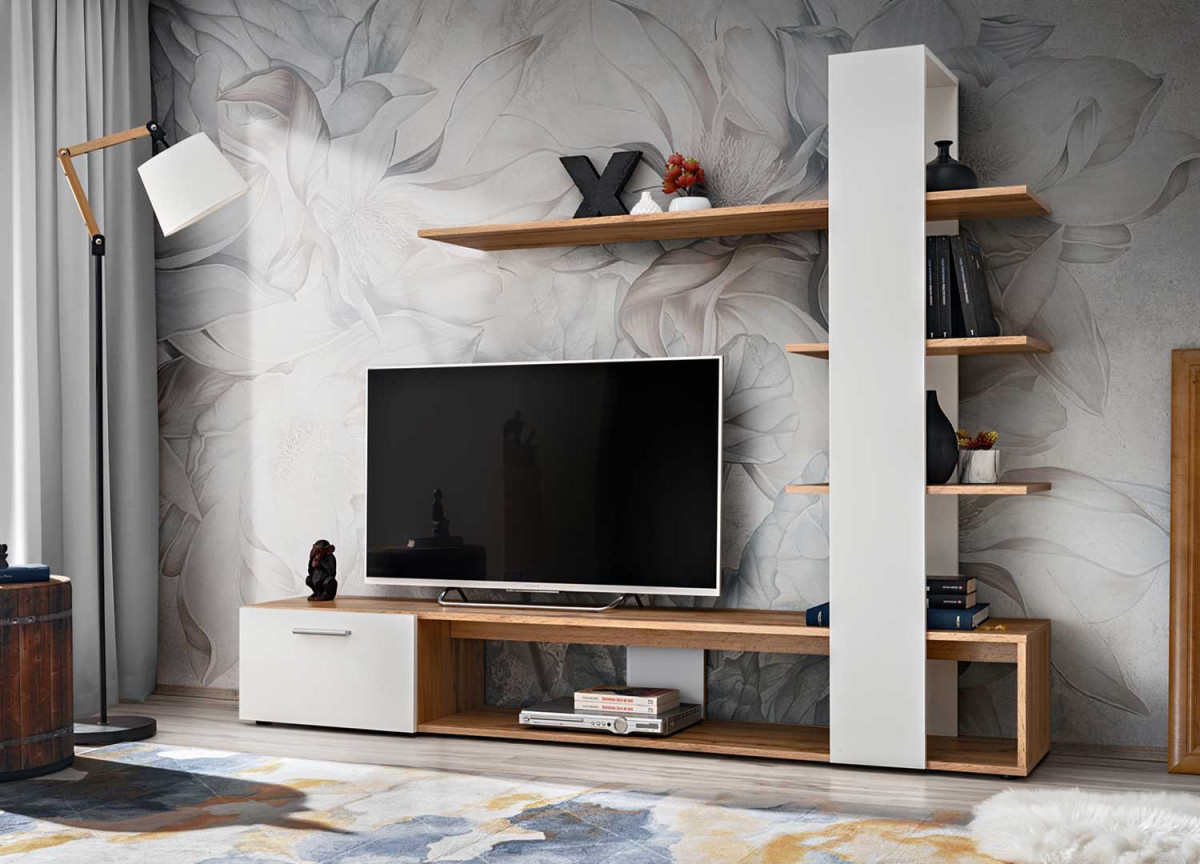 Ensemble TV blanc et bois 190 cm