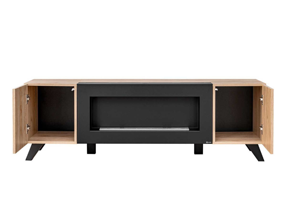 Meuble TV cheminée bio éthanol noir et bois