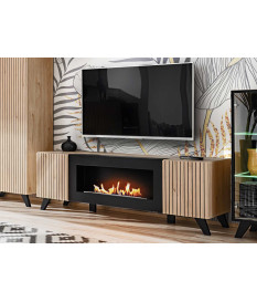 Meuble TV cheminée bio éthanol noir et bois
