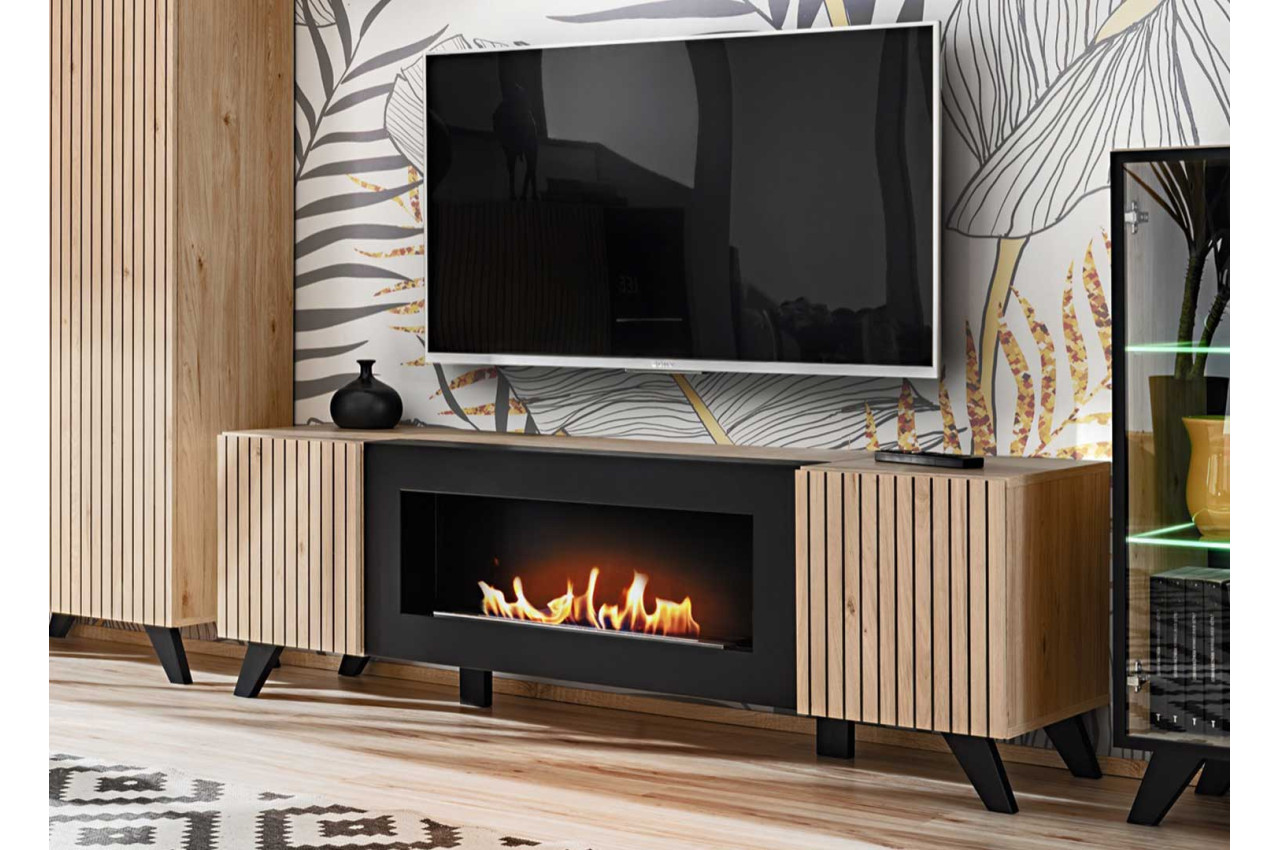 Meuble TV noir et bois avec cheminée bio éthanol pour salon