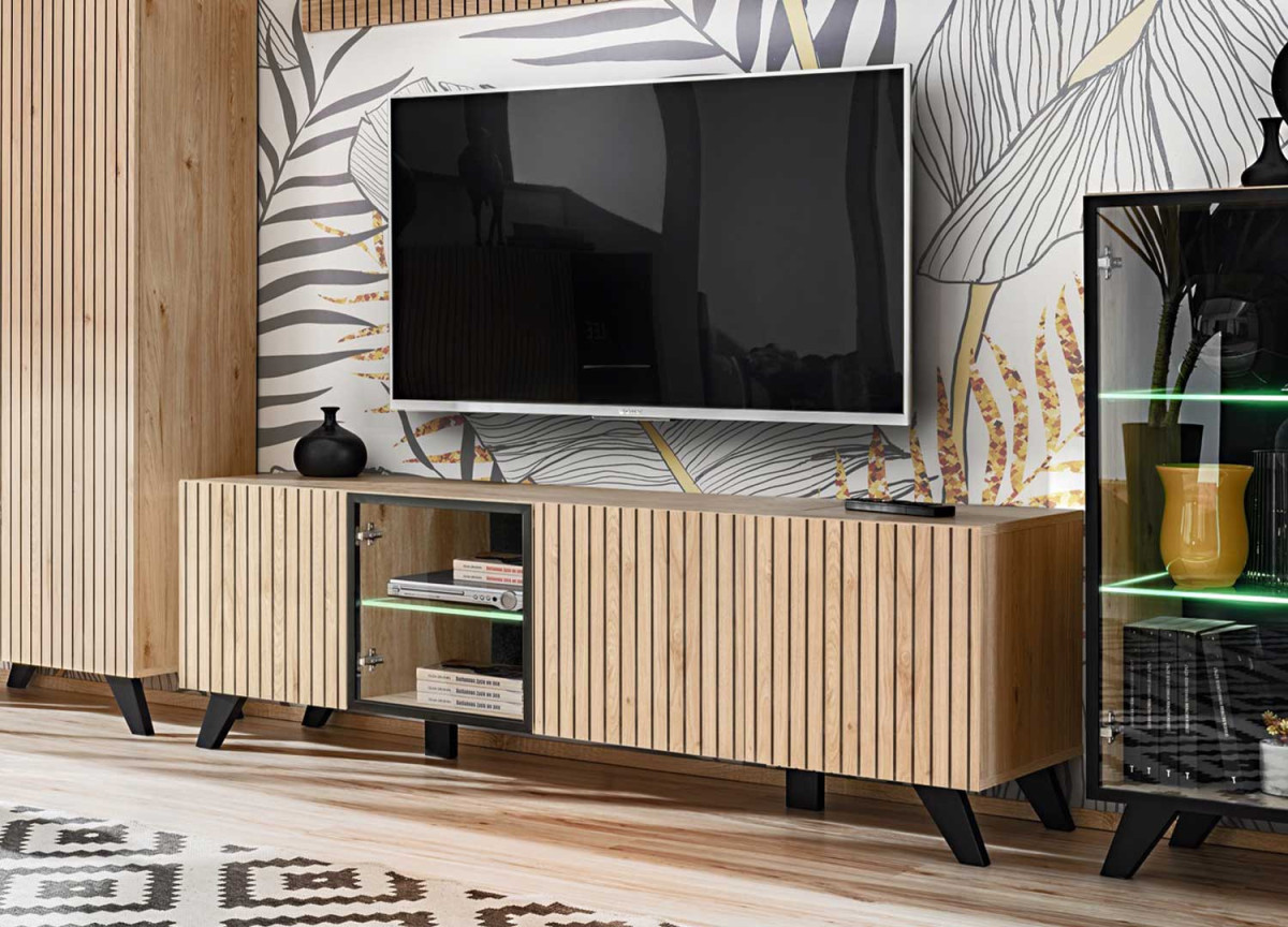 Meuble TV effet tasseaux de bois 160 cm