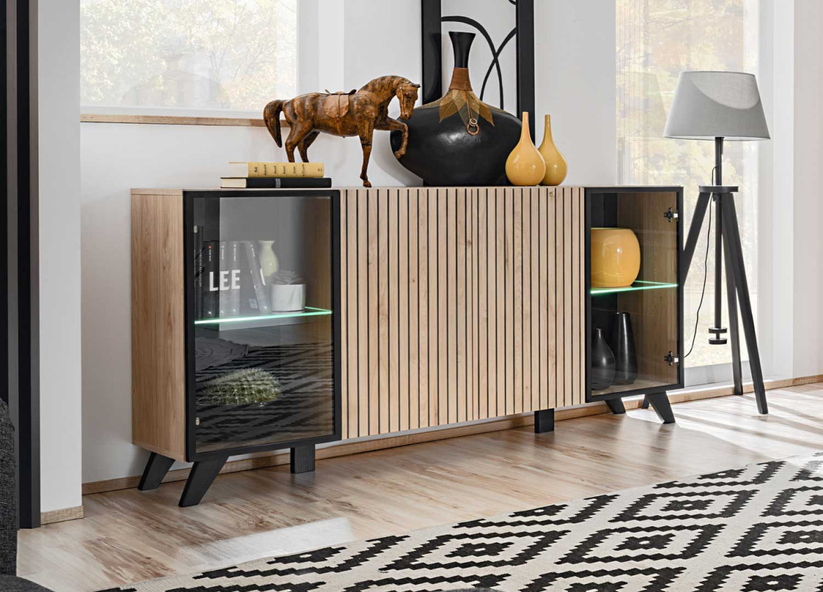 Buffet 160 cm noir et bois et led blanc