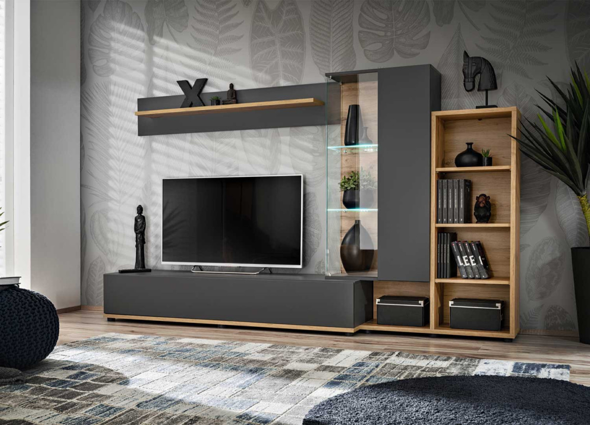 Meuble TV et vitrine murale gris anthracite et bois