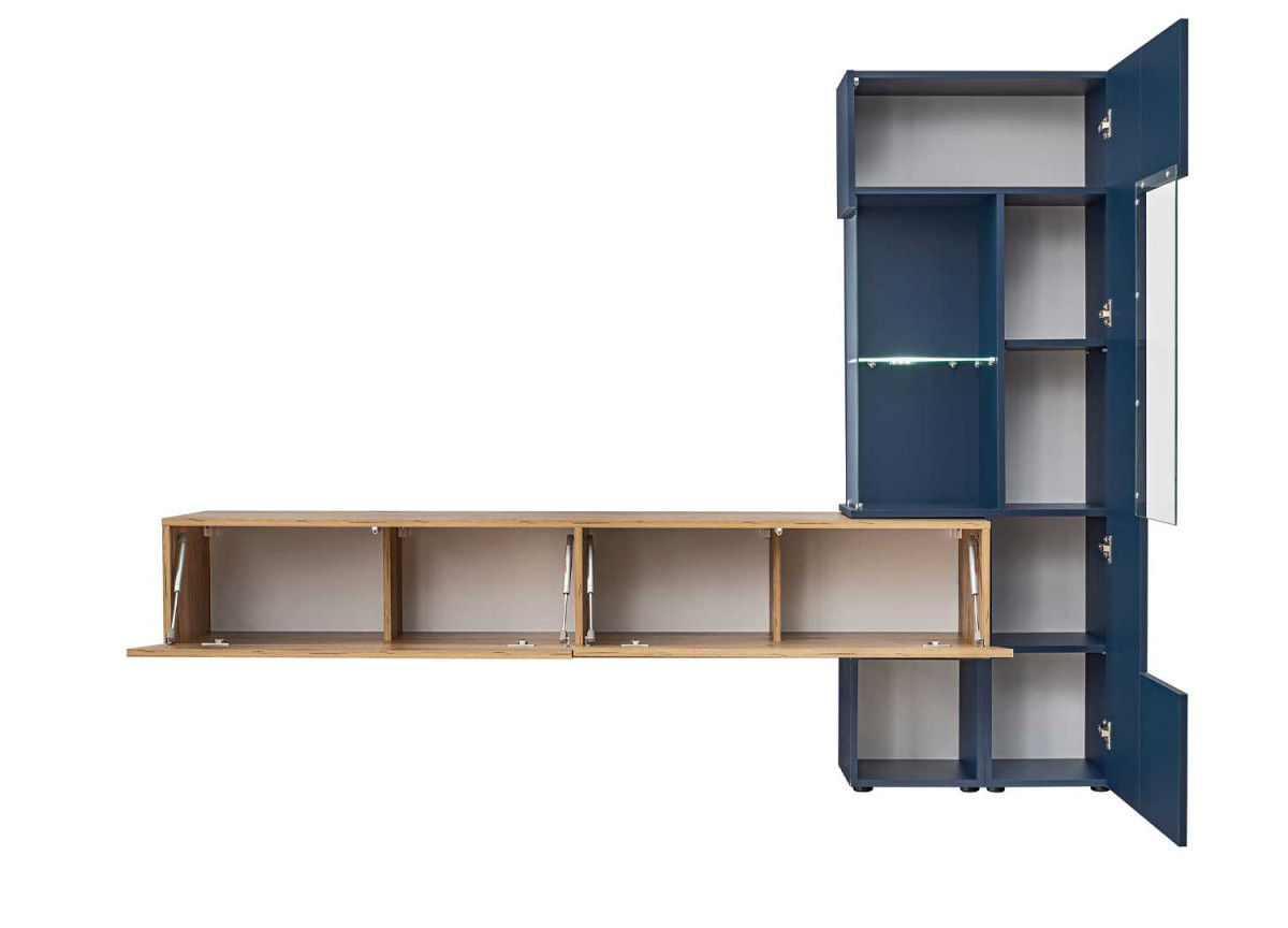 Meuble TV mural bleu foncé et chêne