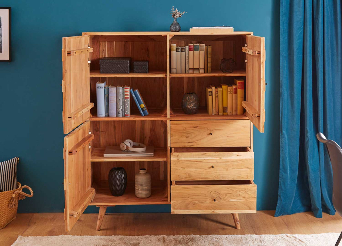 Buffet en bois d'acacia façades sculptées 3 portes 3 tiroirs