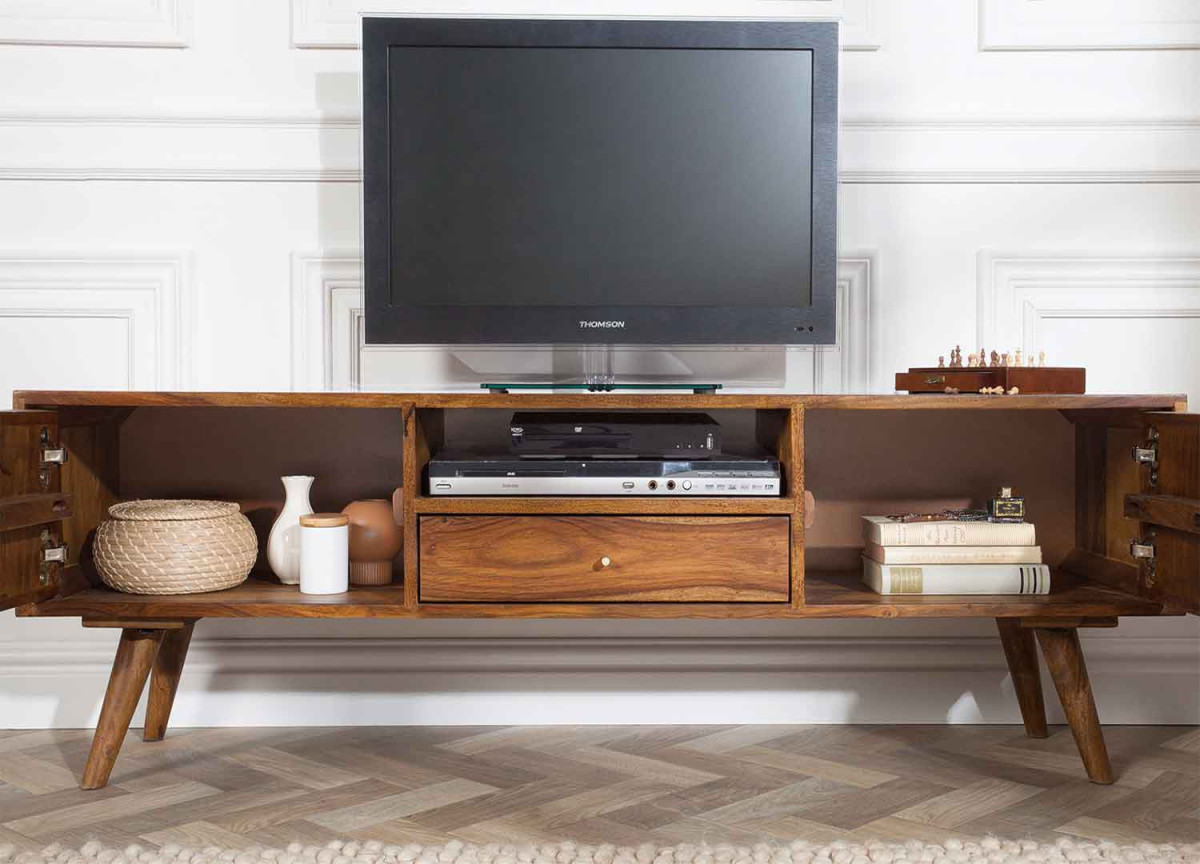 Meuble TV rétro en bois massif avec rangements
