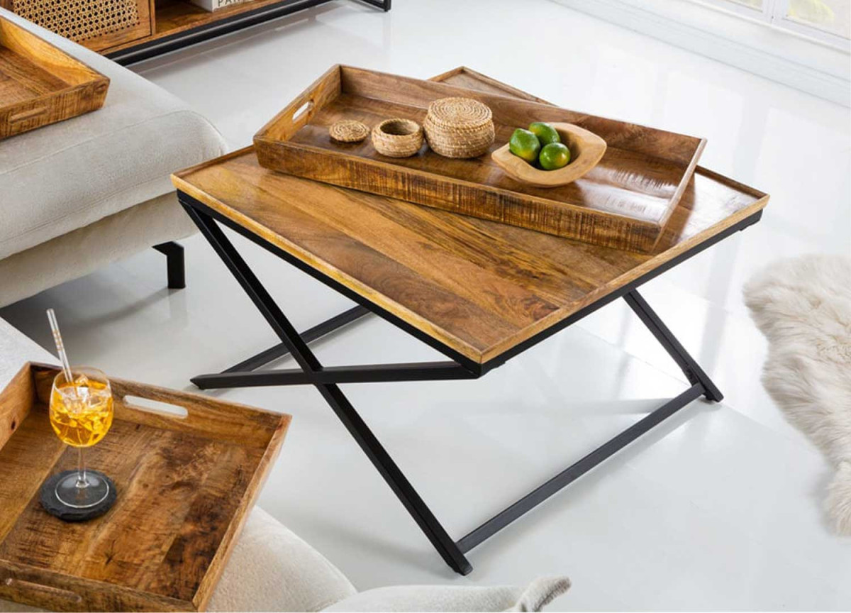 Table basse carrée en bois et plateaux amovibles