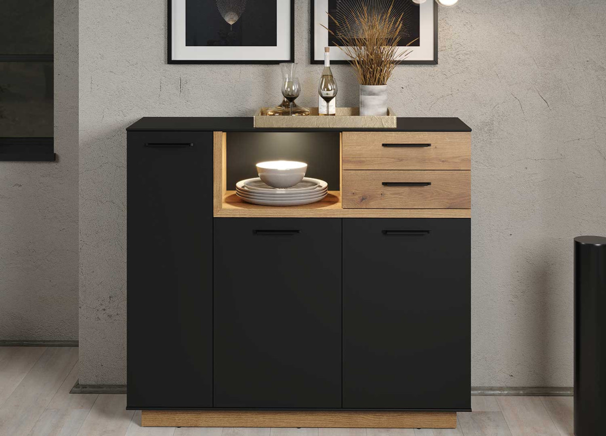 Commode 128 cm chêne et gris anthracite