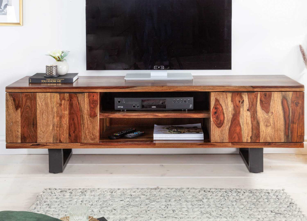 Meuble TV en bois massif et métal noir