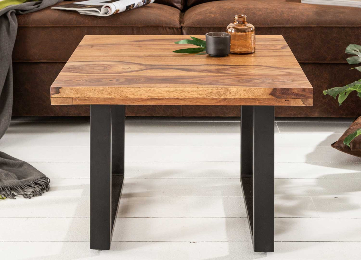Table basse carrée en bois massif et métal moderne