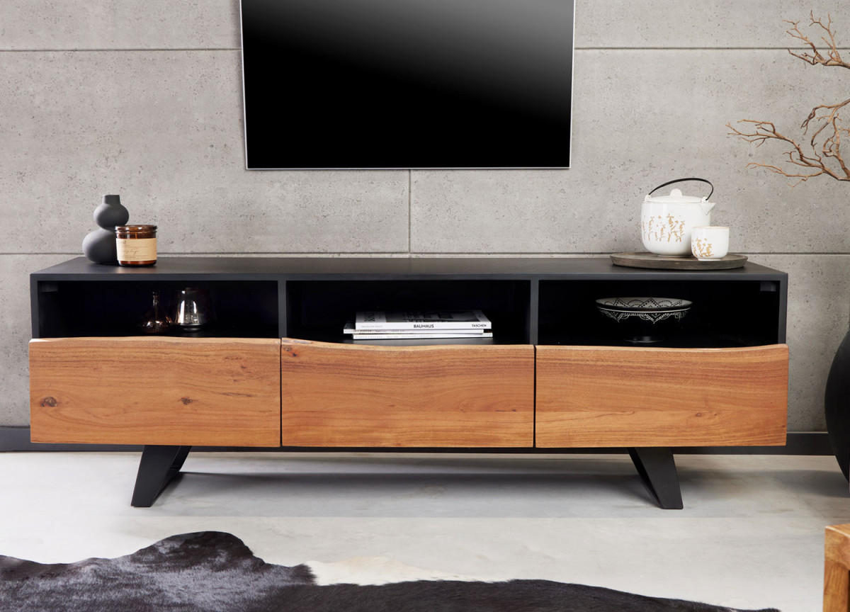 Meuble TV 140 cm noir et acacia naturel