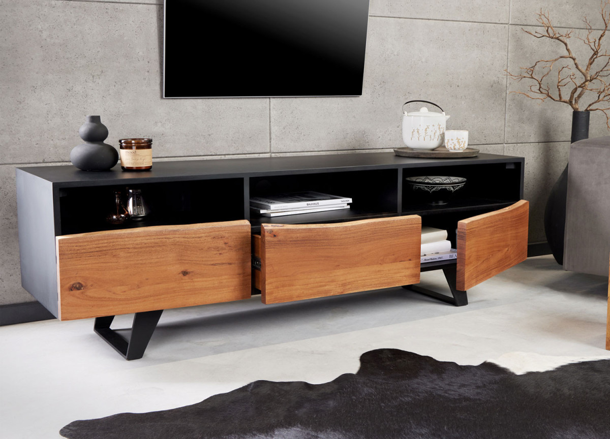 Meuble TV 140 cm noir et acacia naturel