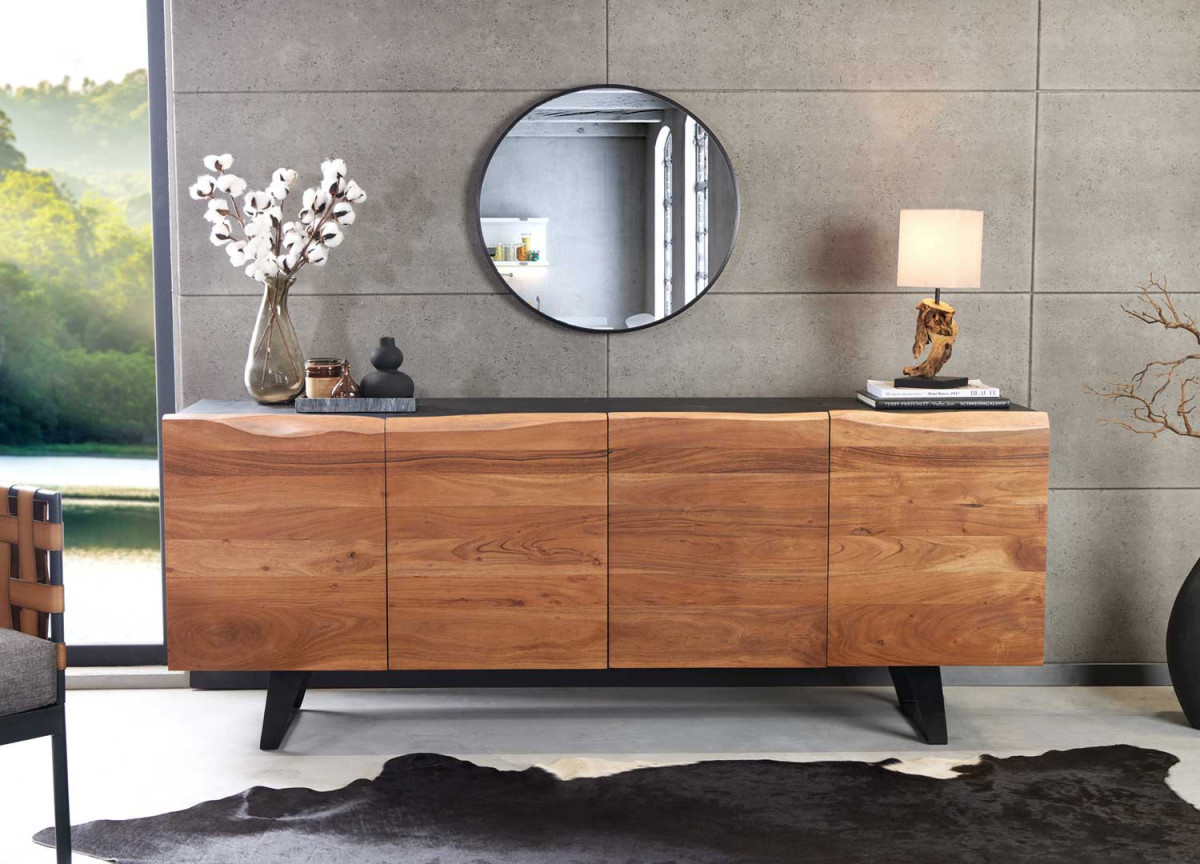 Buffet moderne noir et bois massif 180 cm