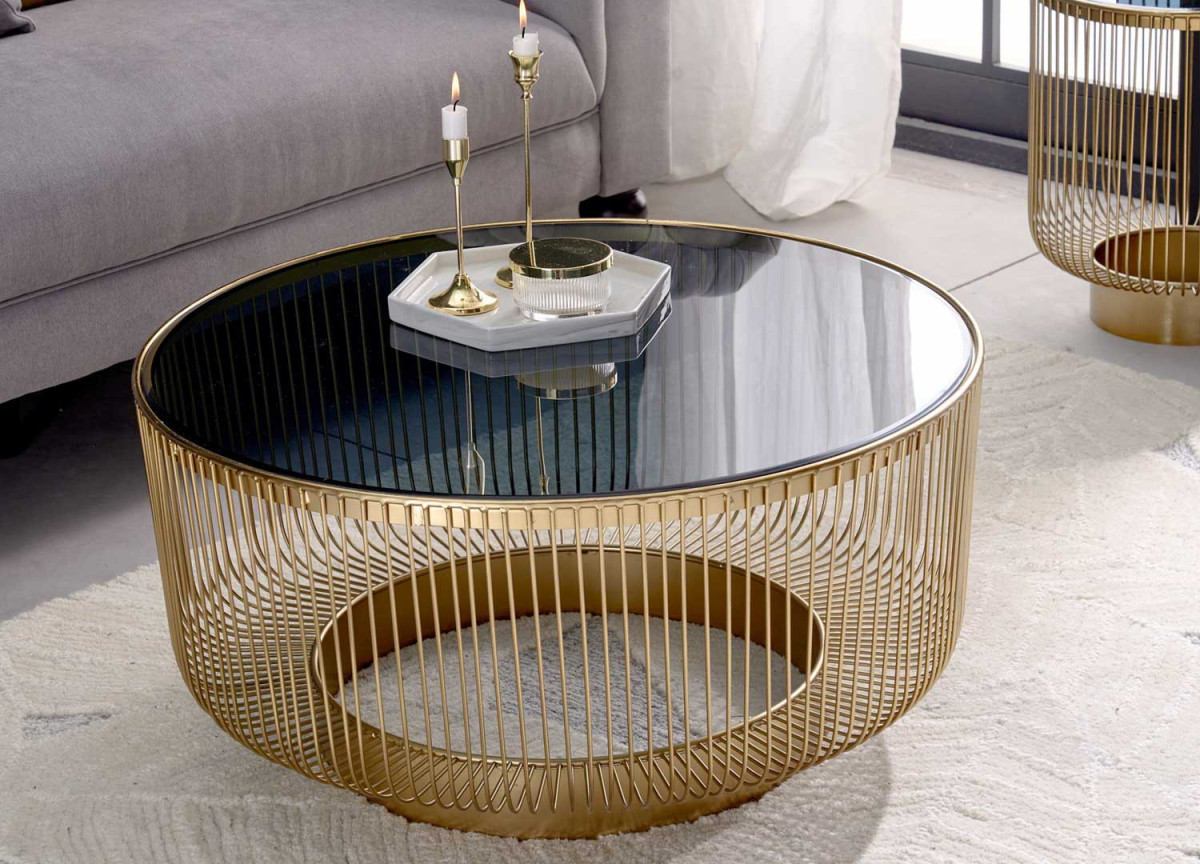 Table basse moderne ronde dorée et verre noir