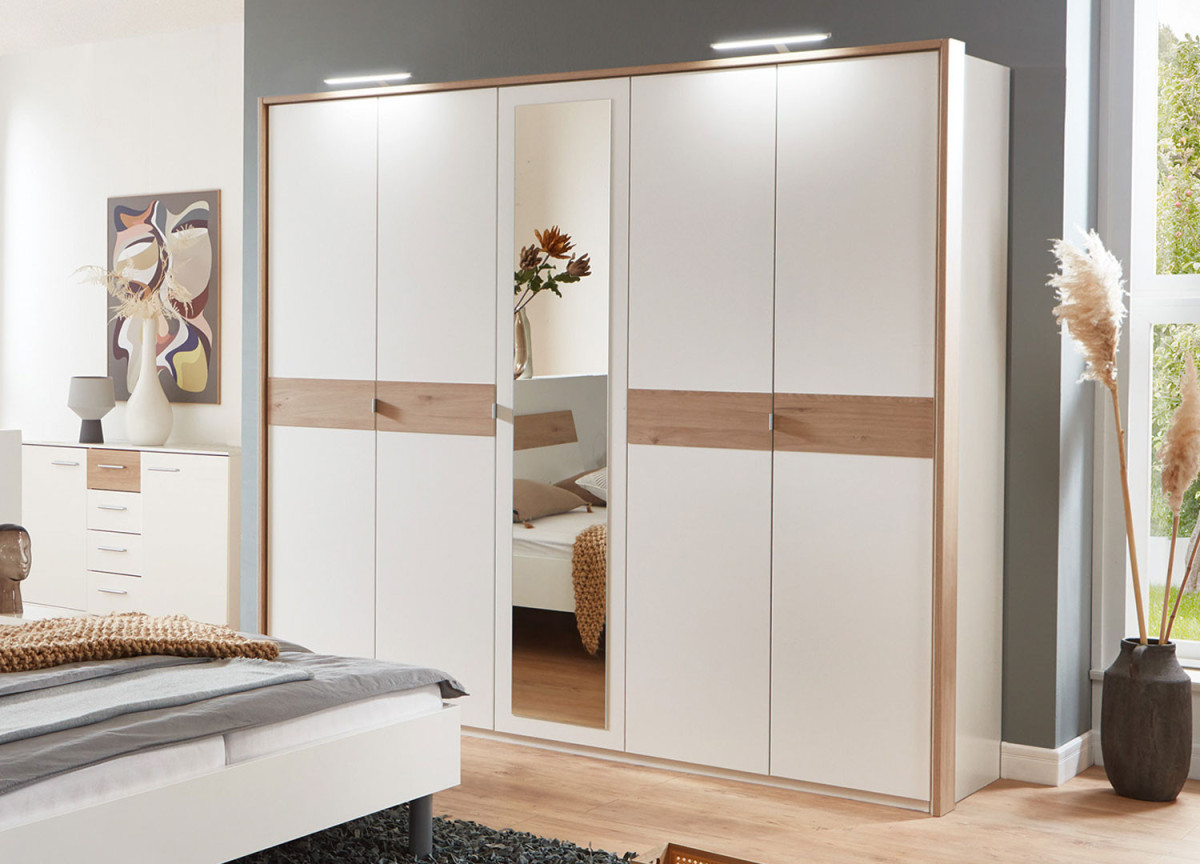 Armoire 5 portes blanc et chêne hickory pour chambre adulte