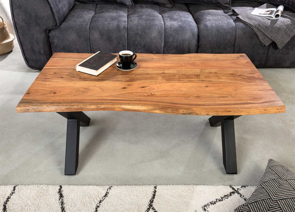 Table basse moderne 120 cm style industriel bois et métal