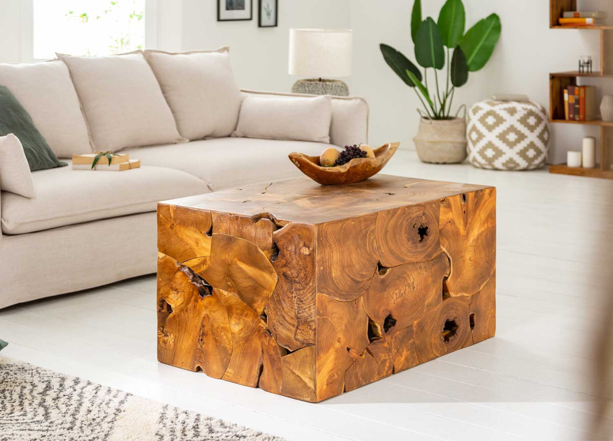 Table basse moderne originale en bois de teck 90 cm