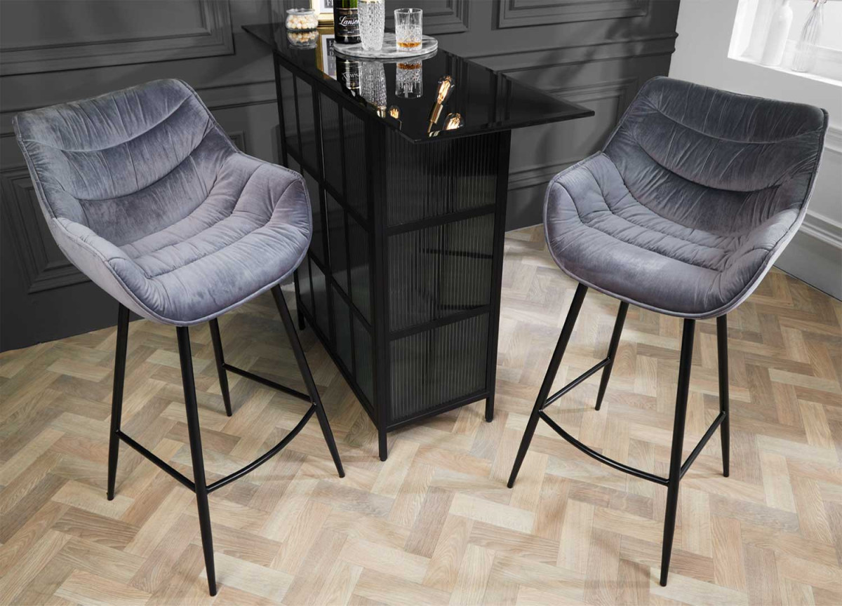 Tabourets de bar en velours gris et métal