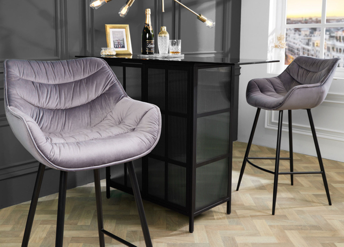 Tabourets de bar en velours gris et métal