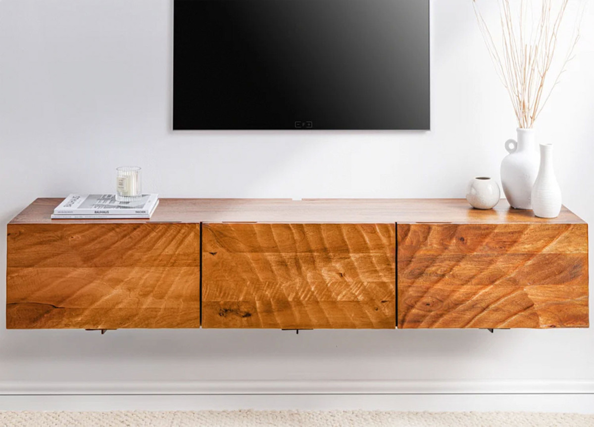 Meuble TV suspendu en bois de manguier sculpté