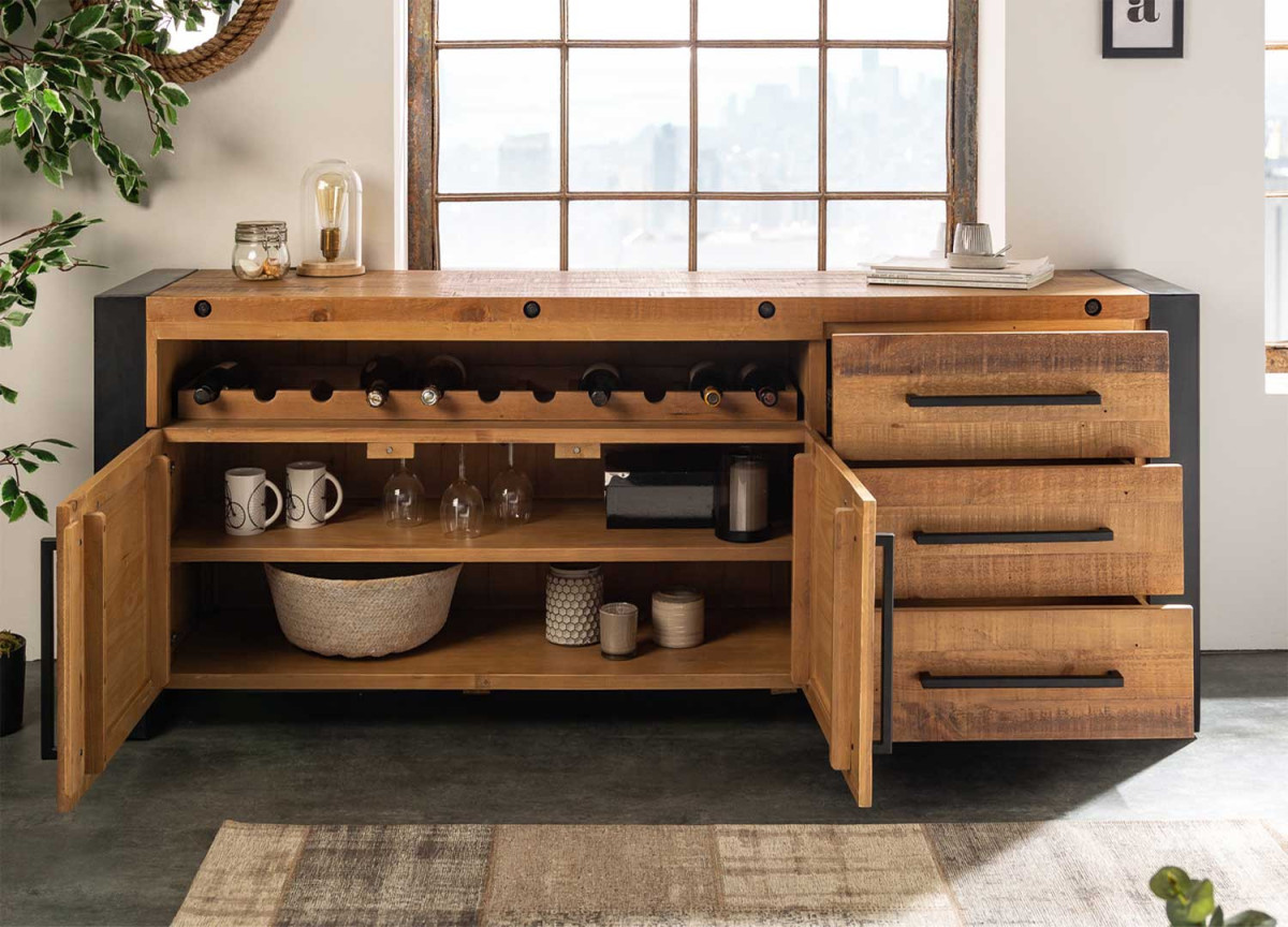 Meuble buffet bois de pin et métal industriel 195 cm