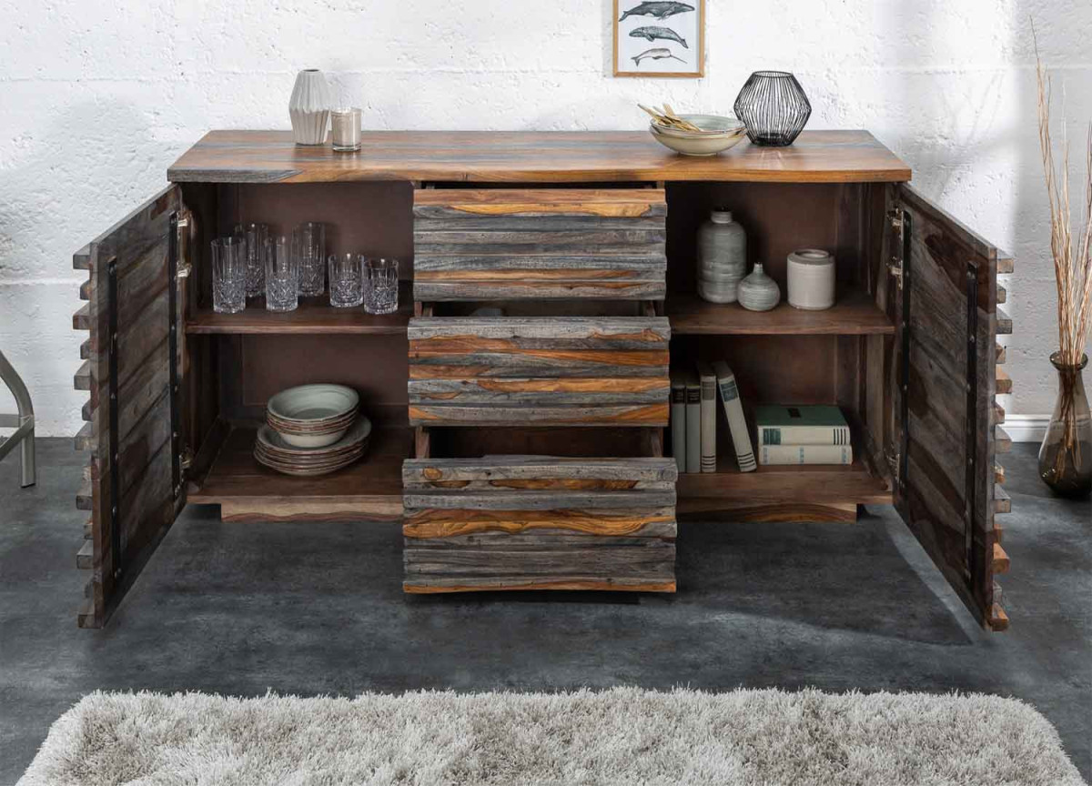 Buffet en bois de sesham fumé 2 portes et 3 tiroirs
