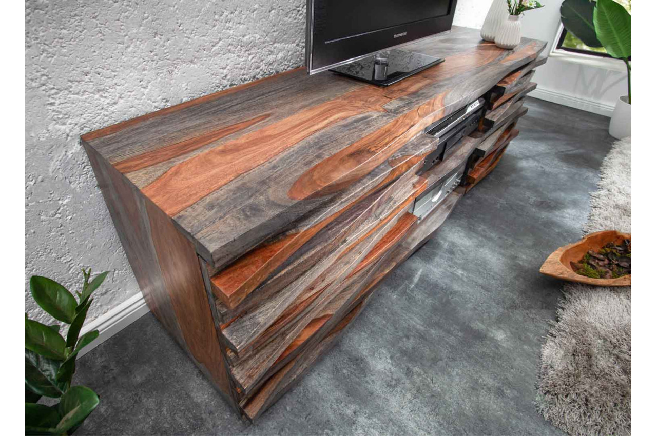 Grand meuble tv bas en bois massif et métal gris Haden - 9134