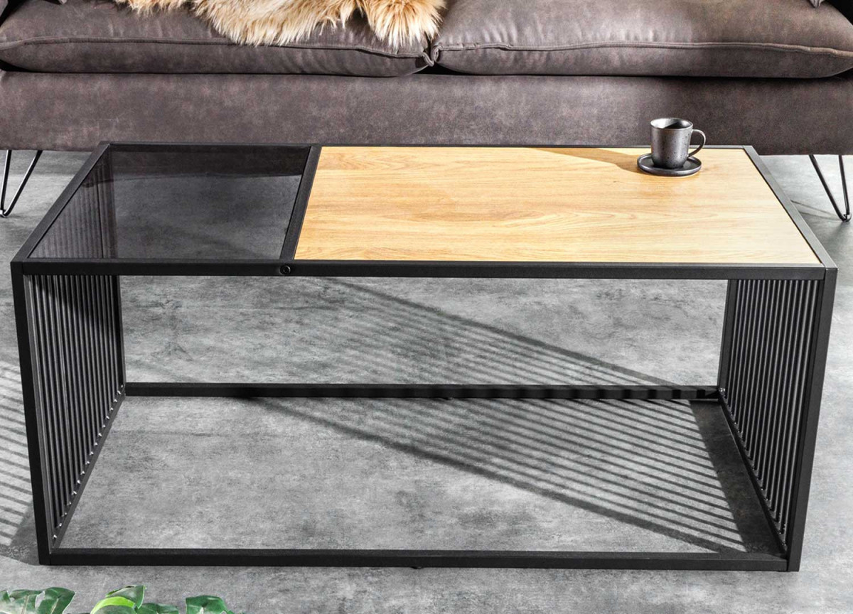 Table basse moderne en bois, verre et métal 100 cm