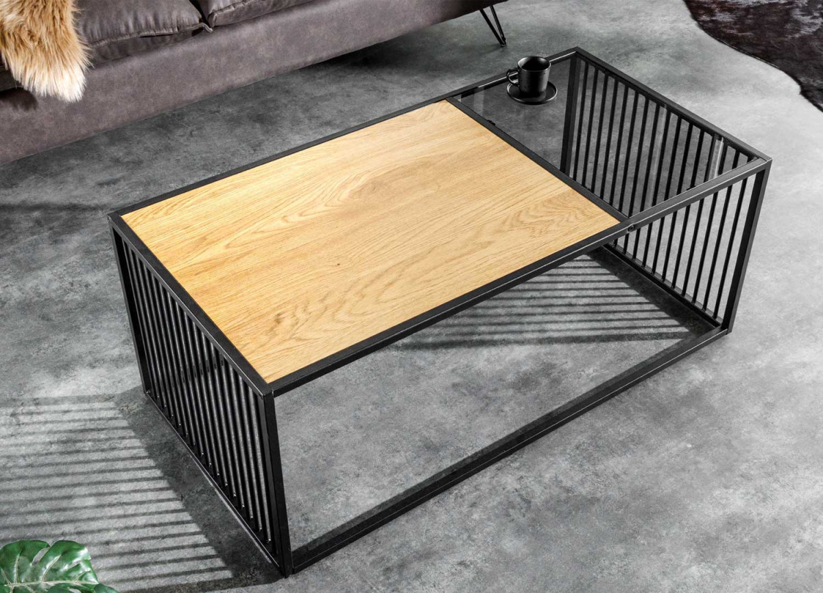 Table basse rectangulaire en bois, verre et métal 100 cm