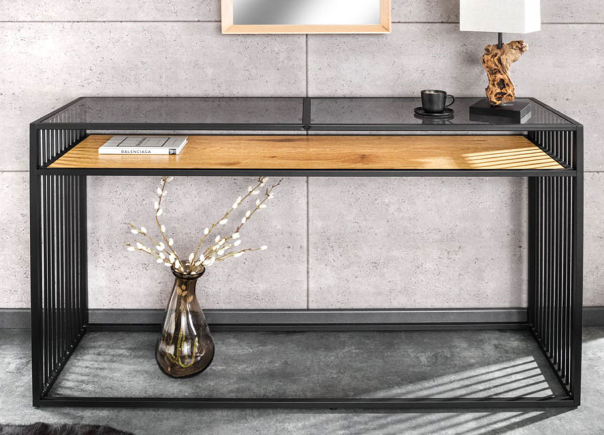 Console industrielle 120 cm verre et métal
