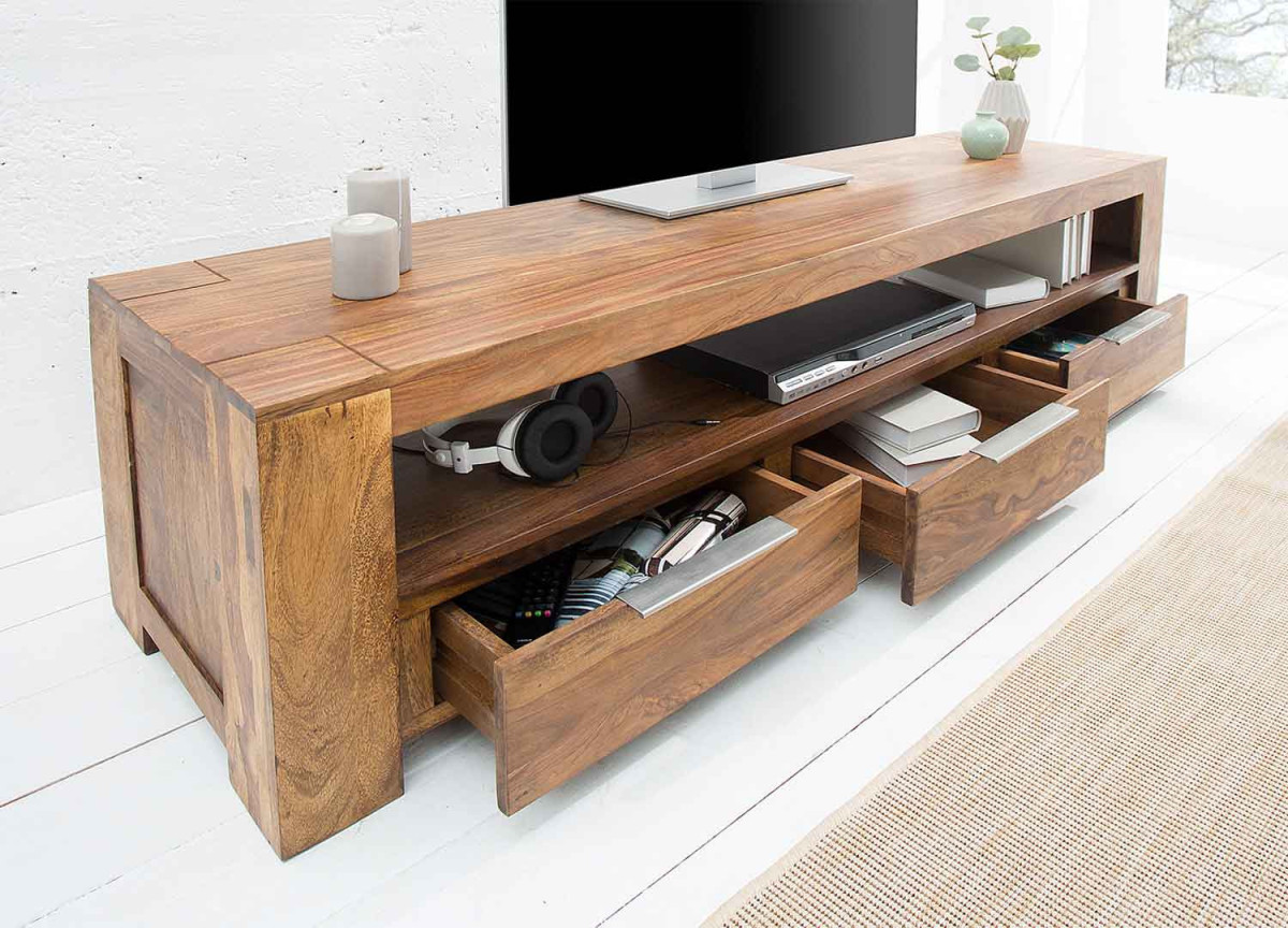 Meuble TV 170 cm en sesham 3 tiroirs